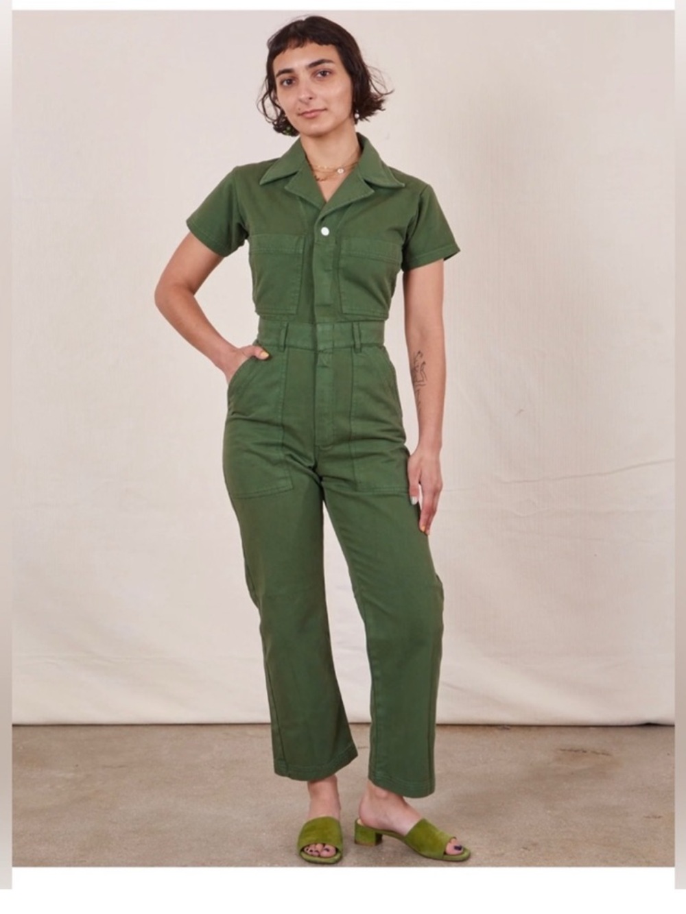 Olive Green Short-Sleeve Utility Jumpsuit